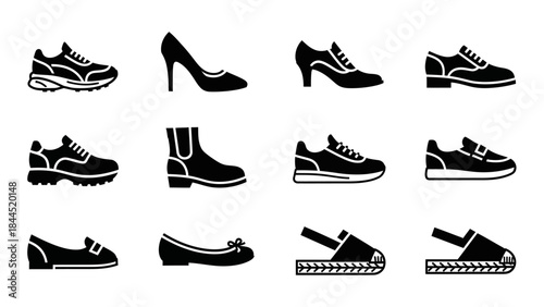 Collection of black shoe icons for men women and children showcasing variety and style