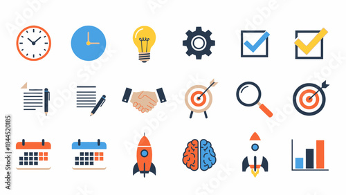 collection of business and startup icons representing planning and success