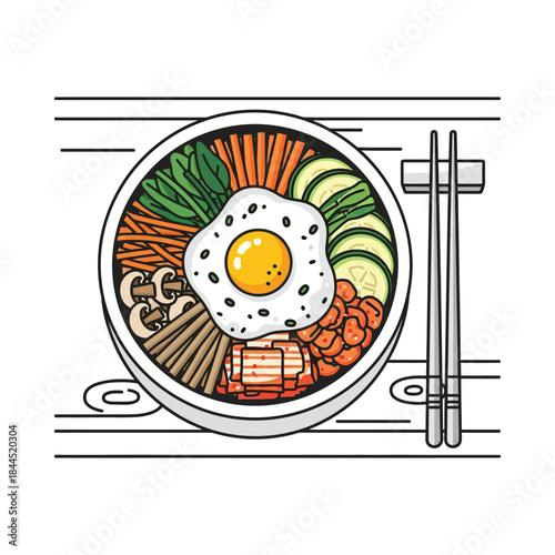 Colorful Mixed Rice Bowl with Fried Egg and Vegetables Asian Food Illustration Cutaway
