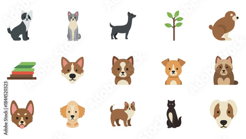 Collection of charming dog and cat icons with playful illustrations and books