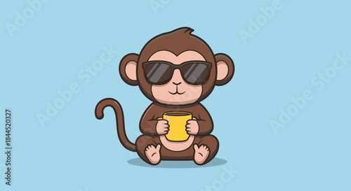 A cute cartoon monkey wearing sunglasses and holding a yellow object sits against a soft blue background, perfect for fun illustrations and designs.