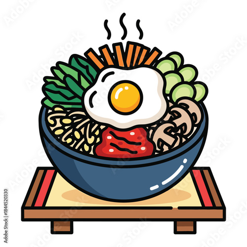 Steaming Mixed Rice Bowl with Vegetables and Fried Egg Cartoon Illustration Cutaway