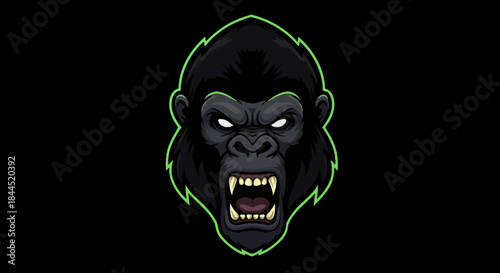 An intimidating vector illustration of a gorilla's face with bared teeth and glowing eyes, presented in a dark, striking, and powerful graphic design.