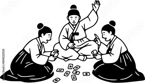 Joseon Dynasty People Playing Hwatu Card Game