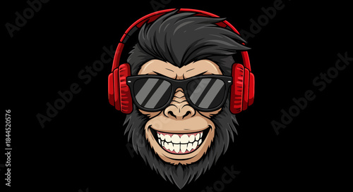 A cool cartoon monkey wearing red headphones and black sunglasses with a big smile on a black background.