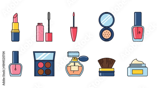 Collection of cute flat design cosmetic items for beauty and makeup routines