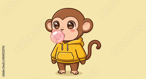 A cute cartoon monkey wearing a yellow hoodie and blowing a pink bubblegum bubble on a plain background.