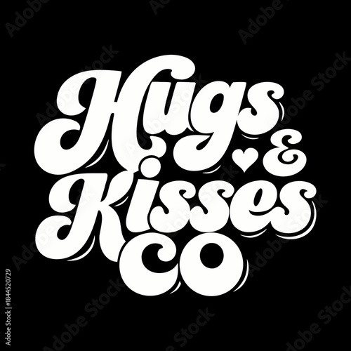White retro script text hugs kisses co with heart on black