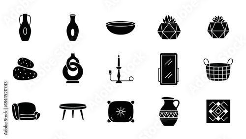 Collection of Decorative Home Interior Objects and Furniture Icons Minimalist Black Silhouette Style