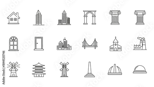 Collection of diverse architectural and landmark icons representing buildings and structures
