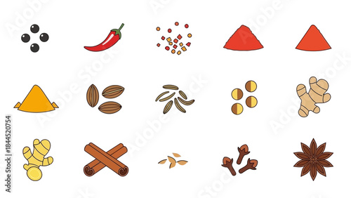Collection of diverse aromatic spices and herbs isolated on a clean white background