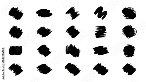 Collection of diverse black ink brush stroke textures and splatters on a white background