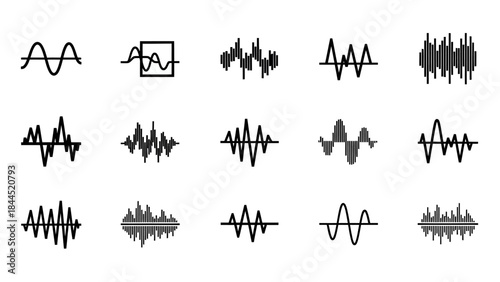 Collection of diverse audio wave icons representing sound frequency and signal variations