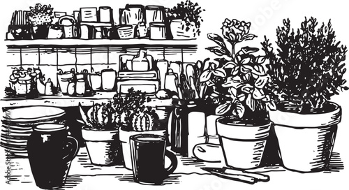 Plants arranged on a kitchen shelf. This hand-drawn vector illustration features various herbs and a cactus in a set of ceramic pots.
