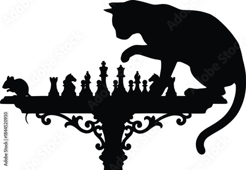 Cat chess silhouettes, playful feline knocking pieces, strategy game concept, pet mischief humor illustration black shadow design vector art graphic