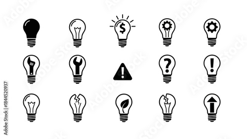 Collection of diverse light bulb icons representing various ideas and concepts including finance,
