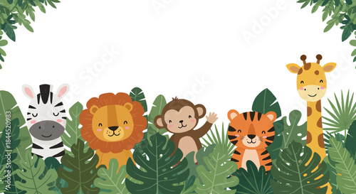 Cute cartoon safari animals peeking from tropical leaves, jungle frame design.