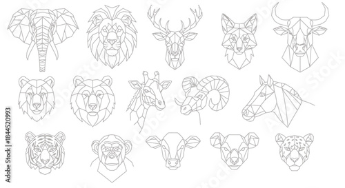 Geometric animal heads collection in low poly line art style, featuring various wild and farm animals.