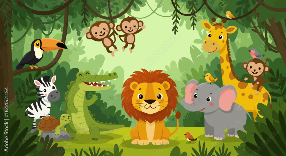 Fototapeta premium A vibrant cartoon illustration of various friendly jungle animals including a lion, elephant, giraffe, zebra, crocodile, toucan, and monkeys in a lush green forest.