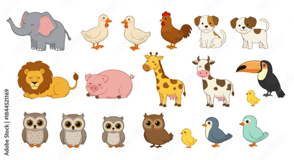 Fototapeta premium A vibrant collection of various cartoon animals including an elephant, ducks, chicken, dogs, lion, pig, giraffe, cow, toucan, chicks, owls, and birds.