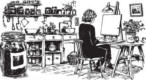 An artist sketching at a workspace featuring jars and plants, creating a simple kitchen environment. Vector illustration set in black and white.