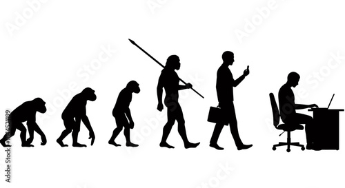 A silhouette depiction of human evolution from ape to modern man using technology, illustrating the progression of species and lifestyle.