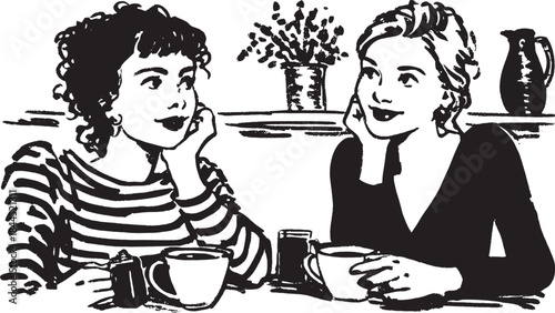 Women sitting at a table engaged in conversation. Black and white vector illustration depicting a casual coffee moment set.