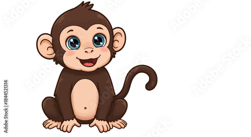 A charming cartoon baby monkey illustration sits happily with bright blue eyes and a cheerful expression, perfect for children's designs.