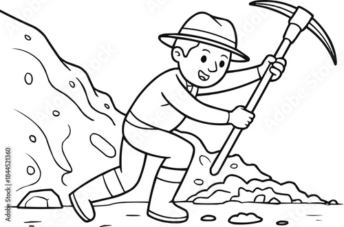 Gold Rush Cartoon Coloring Page  Miner with Pickaxe and Shiny Nuggets
