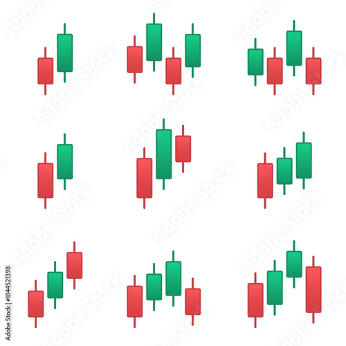Candlestick pattern icon set showing various price movement shapes in green and red