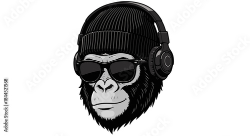 A cool gorilla wearing a beanie, sunglasses, and headphones, depicted in a stylish vector illustration.