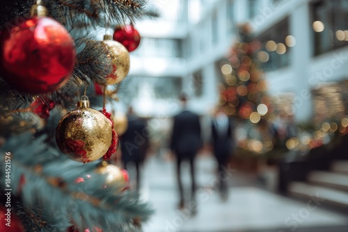 Christmas tree foreground, blurred festive business people meeting, mall, office park on a background. Coworking during Xmas. Copy space, holiday spirit. Selective focus. Seasonal winter festivity