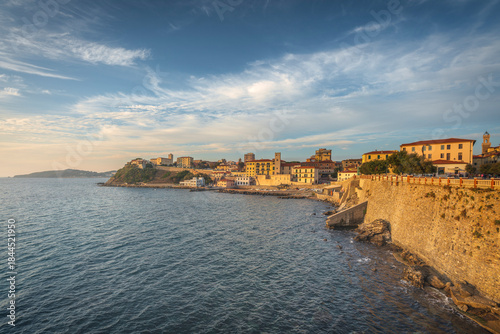 Piombino Seafront and Old Town View at Sunset, Tuscany, Italy