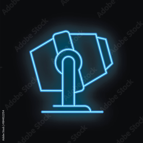 Blue neon icon of a concrete mixer rotating on a stand, on a black background