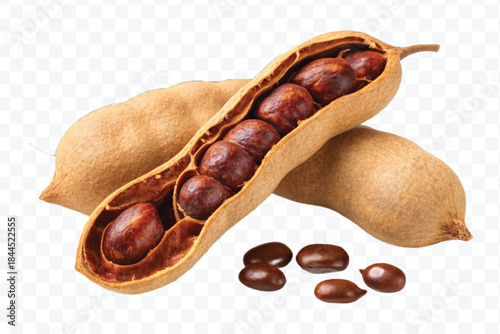 two ripe tamarind pods with one opened revealing seeds and pulp green leaves in different style isolated on transparent background