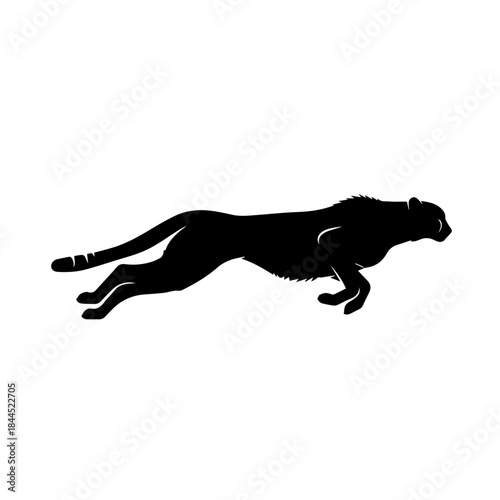 Black silhouette of a cheetah in a dynamic running or leaping pose against a white background.