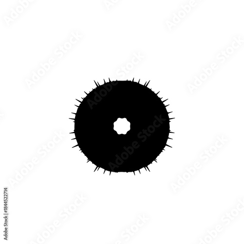 Abstract black spiky circular shape with a distinct octagonal center hole, presented as a silhouette on a clean white background.