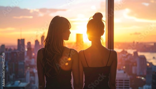 Two women gazing at a city skyline, framed by a sunset, seen from high-rise windows