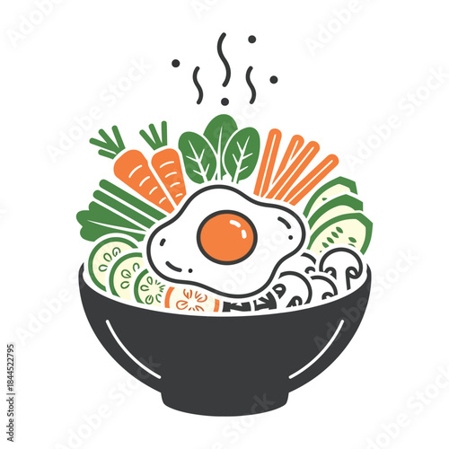 Hand Drawn Vegetable Rice Bowl with Steaming Fried Egg Illustration Cutaway