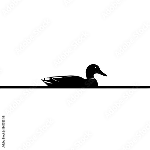 Black silhouette of a duck swimming on a horizontal line representing water against a clean white background.