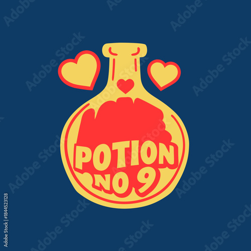 Yellow potion bottle with red hearts and text love