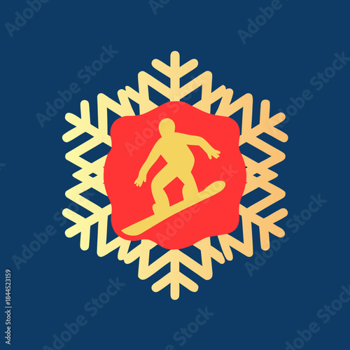 Yellow snowboarder silhouette within red shape on snowflake