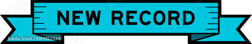 Blue ribbon label banner with word new record on white background
