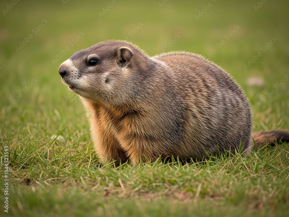 Naklejka premium A brown marmot sitting in a field of green grass looking alert and watchful