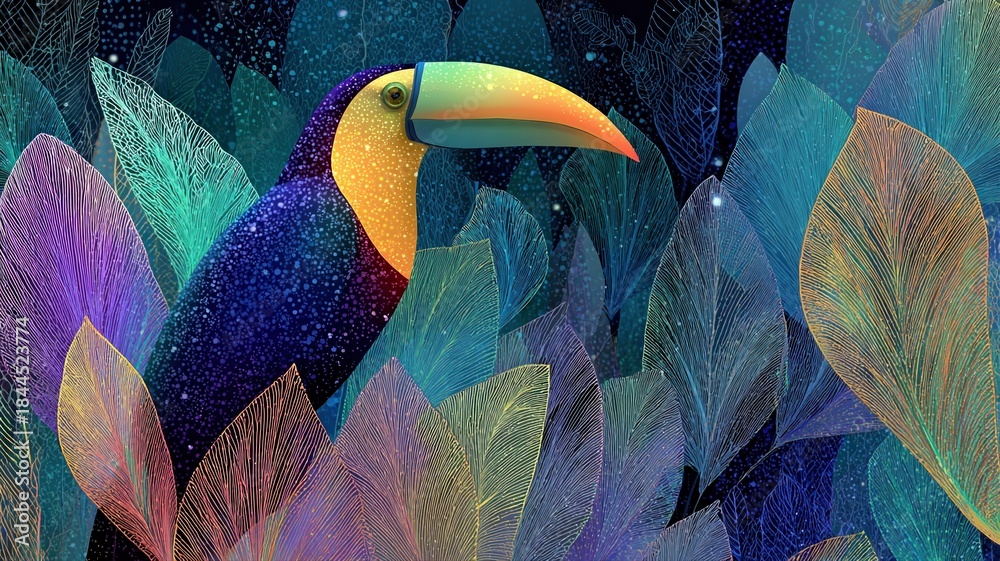 Fototapeta premium Vibrant Toucan Surrounded by Colorful Abstract Leaves