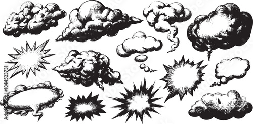 Stylized clouds and thought bubbles in comic style. Black and white vector illustration featuring various shapes as a set.