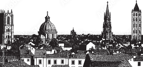 City skyline with various towers and domes in a black and white silhouette style. Detailed vector illustration captures architectural features in a visually striking way.