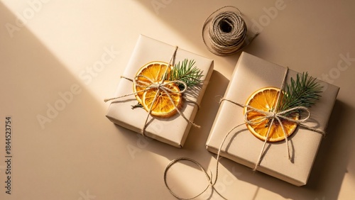 Minimal eco friendly Christmas gift boxes flat lay with kraft paper, twine, dried orange and copy space

