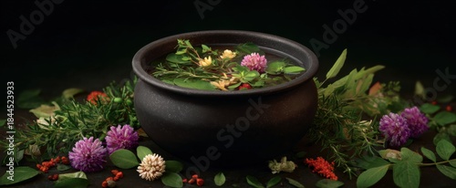 herbal medicine decoction pot filled with fresh healing plants and natural remedies inside