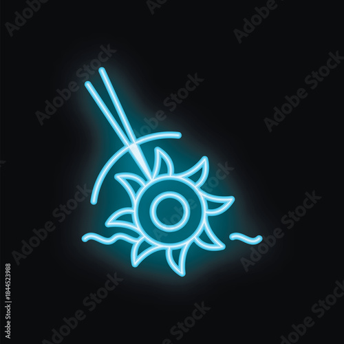 Blue neon glowing symbol of a cultivator tilling soil, ideal for agriculture or gardening concepts